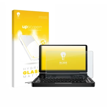 Parte frontale di una confezione del prodotto con il logo del marchio upscreen. Accanto è raffigurato il dispositivo GPD Win M