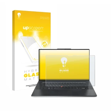 Parte frontale di una confezione del prodotto con il logo del marchio upscreen. Accanto è raffigurato il dispositivo Lenovo Th