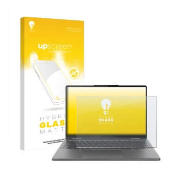 Parte frontale di una confezione del prodotto con il logo del marchio upscreen. Accanto è raffigurato il dispositivo Lenovo Yo