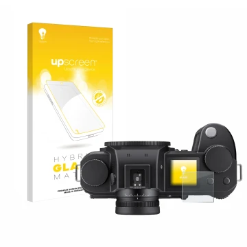 Parte frontale di una confezione del prodotto con il logo del marchio upscreen. Accanto è raffigurato il dispositivo Leica SL3