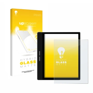 Parte frontale di una confezione del prodotto con il logo del marchio upscreen. Accanto è raffigurato il dispositivo Bigme B75