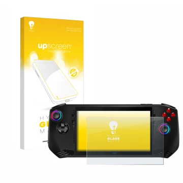 Parte frontale di una confezione del prodotto con il logo del marchio upscreen. Accanto è raffigurato il dispositivo MSI Claw 