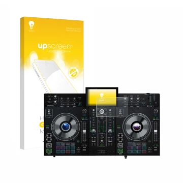 Parte frontale di una confezione del prodotto con il logo del marchio upscreen. Accanto è raffigurato il dispositivo Denon DJ 