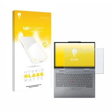 Parte frontale di una confezione del prodotto con il logo del marchio upscreen. Accanto è raffigurato il dispositivo Lenovo Th