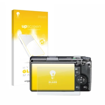 Parte frontale di una confezione del prodotto con il logo del marchio upscreen. Accanto è raffigurato il dispositivo Ricoh GR 