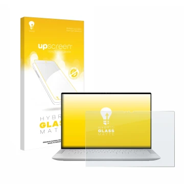 Parte frontale di una confezione del prodotto con il logo del marchio upscreen. Accanto è raffigurato il dispositivo Dell XPS 