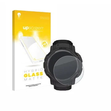 Parte frontale di una confezione del prodotto con il logo del marchio upscreen. Accanto è raffigurato il dispositivo Garmin In