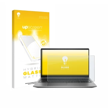 Parte frontale di una confezione del prodotto con il logo del marchio upscreen. Accanto è raffigurato il dispositivo HP Zbook 