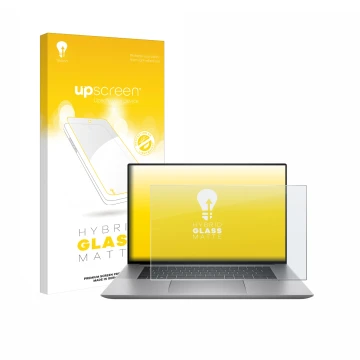 Parte frontale di una confezione del prodotto con il logo del marchio upscreen. Accanto è raffigurato il dispositivo HP Zbook 