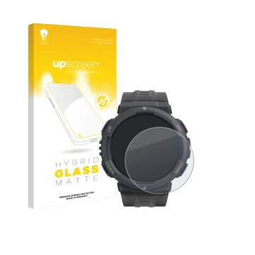 Parte frontale di una confezione del prodotto con il logo del marchio upscreen. Accanto è raffigurato il dispositivo Amazfit A