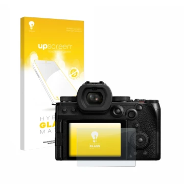 Parte frontale di una confezione del prodotto con il logo del marchio upscreen. Accanto è raffigurato il dispositivo Panasonic