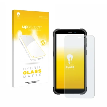 Parte frontale di una confezione del prodotto con il logo del marchio upscreen. Accanto è raffigurato il dispositivo Oukitel W