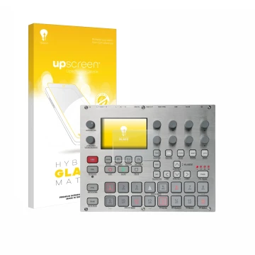 Parte frontale di una confezione del prodotto con il logo del marchio upscreen. Accanto è raffigurato il dispositivo Elektron 
