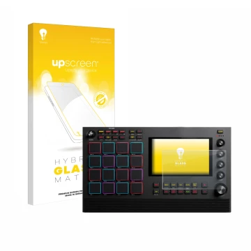 Parte frontale di una confezione del prodotto con il logo del marchio upscreen. Accanto è raffigurato il dispositivo Akai MPC 