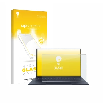 Parte frontale di una confezione del prodotto con il logo del marchio upscreen. Accanto è raffigurato il dispositivo ASUS Expe