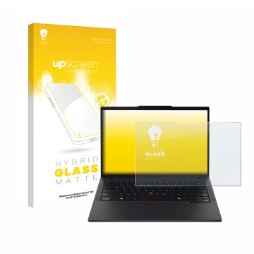 Parte frontale di una confezione del prodotto con il logo del marchio upscreen. Accanto è raffigurato il dispositivo Lenovo Th
