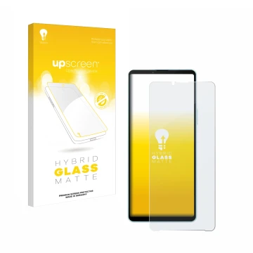 Parte frontale di una confezione del prodotto con il logo del marchio upscreen. Accanto è raffigurato il dispositivo Sony Xper