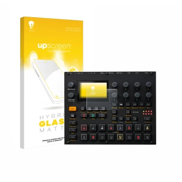 Parte frontale di una confezione del prodotto con il logo del marchio upscreen. Accanto è raffigurato il dispositivo Elektron 