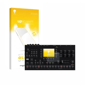 Parte frontale di una confezione del prodotto con il logo del marchio upscreen. Accanto è raffigurato il dispositivo Elektron 