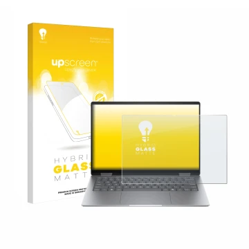 Parte frontale di una confezione del prodotto con il logo del marchio upscreen. Accanto è raffigurato il dispositivo HP Envy x