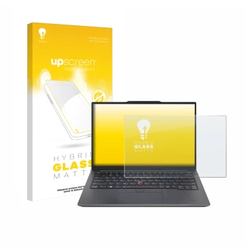 Parte frontale di una confezione del prodotto con il logo del marchio upscreen. Accanto è raffigurato il dispositivo Lenovo Th