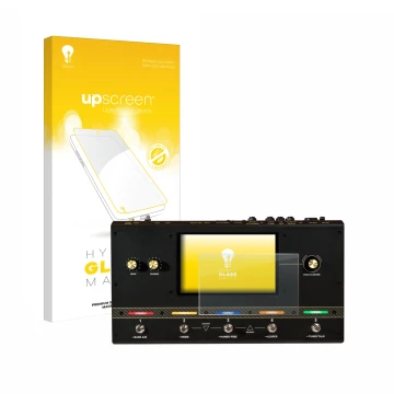 Parte frontale di una confezione del prodotto con il logo del marchio upscreen. Accanto è raffigurato il dispositivo Headrush 