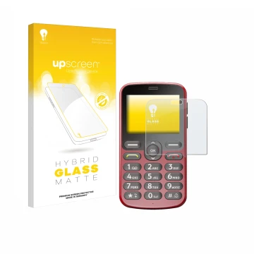 Parte frontale di una confezione del prodotto con il logo del marchio upscreen. Accanto è raffigurato il dispositivo Doro 1880