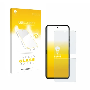 Parte frontale di una confezione del prodotto con il logo del marchio upscreen. Accanto è raffigurato il dispositivo Motorola 