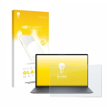 Parte frontale di una confezione del prodotto con il logo del marchio upscreen. Accanto è raffigurato il dispositivo Dell XPS 