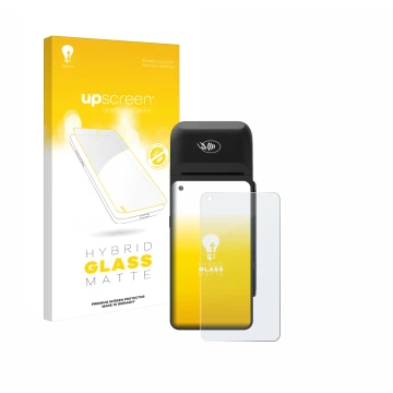 Parte frontale di una confezione del prodotto con il logo del marchio upscreen. Accanto è raffigurato il dispositivo Verifone 