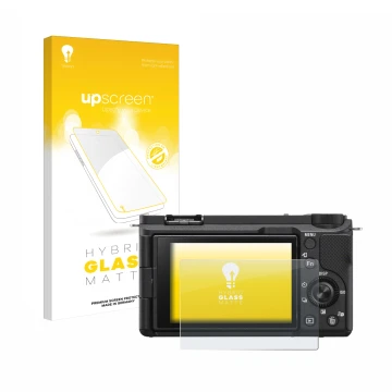 Parte frontale di una confezione del prodotto con il logo del marchio upscreen. Accanto è raffigurato il dispositivo Sony Alph