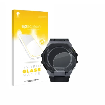 Parte frontale di una confezione del prodotto con il logo del marchio upscreen. Accanto è raffigurato il dispositivo Casio G-S