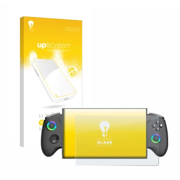 Parte frontale di una confezione del prodotto con il logo del marchio upscreen. Accanto è raffigurato il dispositivo OneXPlaye