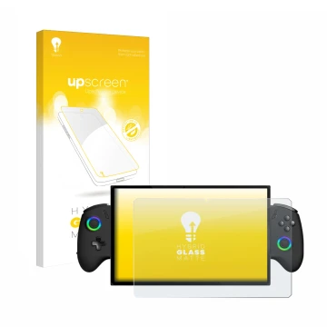 Parte frontale di una confezione del prodotto con il logo del marchio upscreen. Accanto è raffigurato il dispositivo OneXPlaye