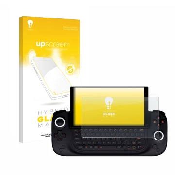 Parte frontale di una confezione del prodotto con il logo del marchio upscreen. Accanto è raffigurato il dispositivo Ayaneo Sl