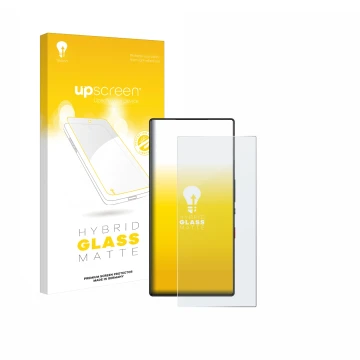 Parte frontale di una confezione del prodotto con il logo del marchio upscreen. Accanto è raffigurato il dispositivo ZTE Nubia