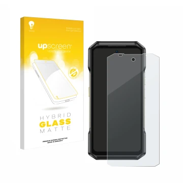 Parte frontale di una confezione del prodotto con il logo del marchio upscreen. Accanto è raffigurato il dispositivo Ulefone A