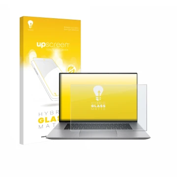 Parte frontale di una confezione del prodotto con il logo del marchio upscreen. Accanto è raffigurato il dispositivo HP Zbook 