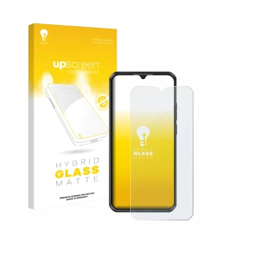 Parte frontale di una confezione del prodotto con il logo del marchio upscreen. Accanto è raffigurato il dispositivo Oukitel W