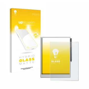 Parte frontale di una confezione del prodotto con il logo del marchio upscreen. Accanto è raffigurato il dispositivo reMarkabl