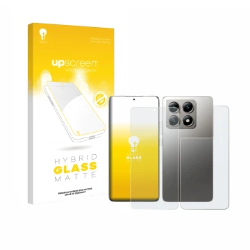 Parte frontale di una confezione del prodotto con il logo del marchio upscreen. Accanto è raffigurato il dispositivo Xiaomi 14