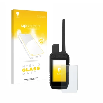 Parte frontale di una confezione del prodotto con il logo del marchio upscreen. Accanto è raffigurato il dispositivo Garmin Al