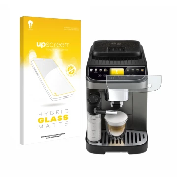 Parte frontale di una confezione del prodotto con il logo del marchio upscreen. Accanto è raffigurato il dispositivo DeLonghi 