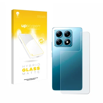 Parte frontale di una confezione del prodotto con il logo del marchio upscreen. Accanto è raffigurato il dispositivo Xiaomi 14