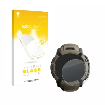 Parte frontale di una confezione del prodotto con il logo del marchio upscreen. Accanto è raffigurato il dispositivo Garmin In