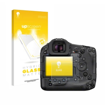 Parte frontale di una confezione del prodotto con il logo del marchio upscreen. Accanto è raffigurato il dispositivo Canon EOS