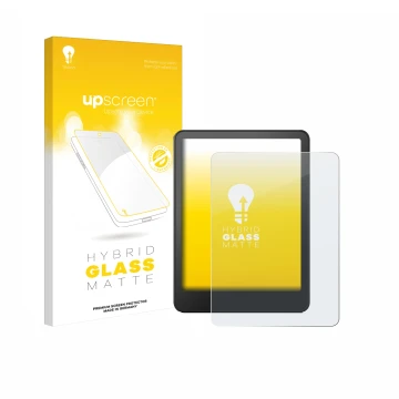 Parte frontale di una confezione del prodotto con il logo del marchio upscreen. Accanto è raffigurato il dispositivo Amazon Ki