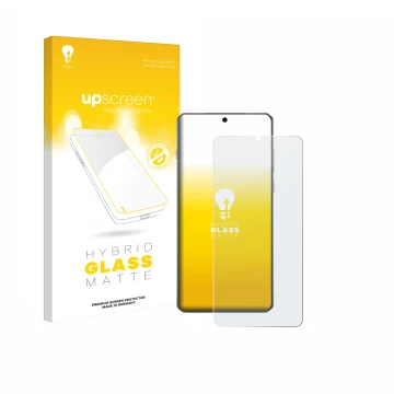 Parte frontale di una confezione del prodotto con il logo del marchio upscreen. Accanto è raffigurato il dispositivo OnePlus 1