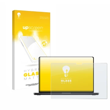 Parte frontale di una confezione del prodotto con il logo del marchio upscreen. Accanto è raffigurato il dispositivo Apple Mac