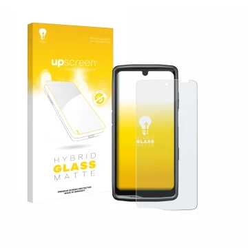 Parte frontale di una confezione del prodotto con il logo del marchio upscreen. Accanto è raffigurato il dispositivo Crosscall